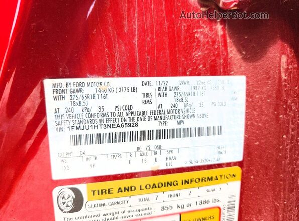 1FMJU1HT3NEA65928 2022 FORD EXPEDITION Red Widok naklejki z numerem VIN