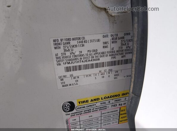 1FMJU1HT4JEA43608 2018 FORD EXPEDITION White ძრავის განყოფილების ხედი