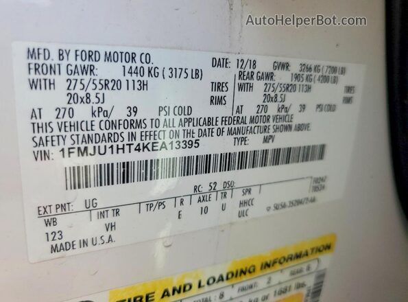 1FMJU1HT4KEA13395 2019 FORD EXPEDITION White VIN sticker view