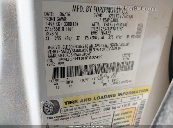 1FMJU1HT6HEA07459 2017 FORD EXPEDITION Белый Вид подкапотного пространства