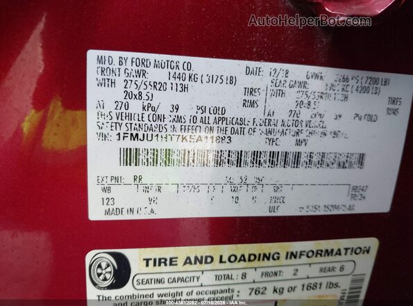 1FMJU1HT7KEA11883 2019 FORD EXPEDITION Red Շարժիչի բաժամունքի տեսք