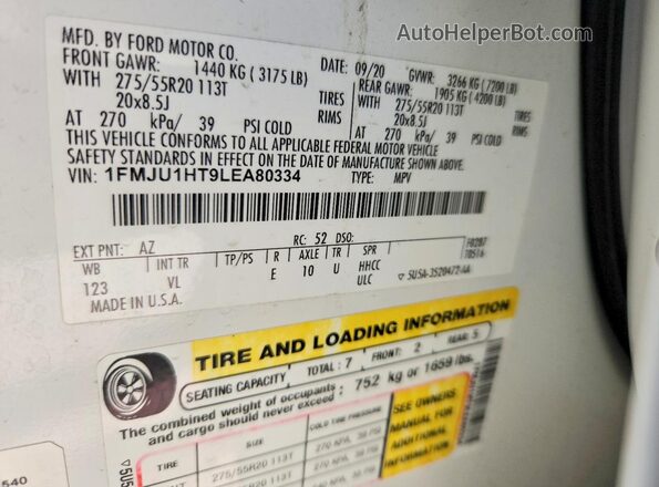 1FMJU1HT9LEA80334 2020 FORD EXPEDITION White Вид наклейки з VIN-кодом
