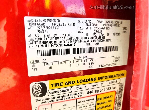 1FMJU1HTXNEA46017 2022 FORD EXPEDITION Red VIN sticker view