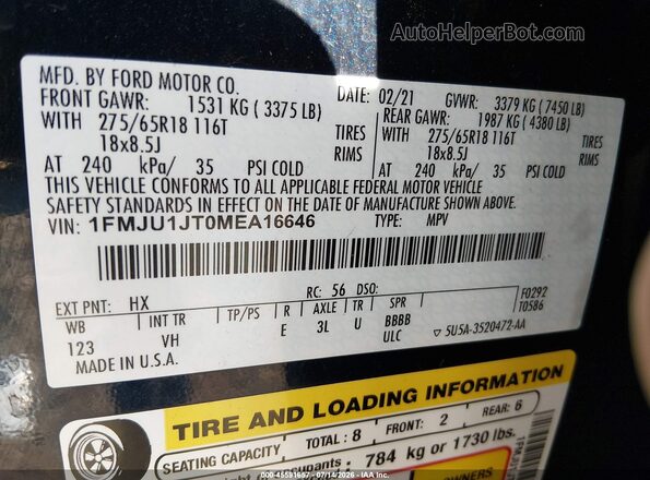1FMJU1JT0MEA16646 2021 FORD EXPEDITION Черный Вид подкапотного пространства