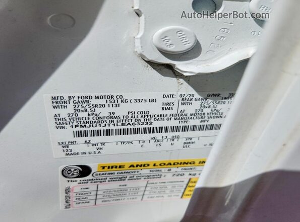 1FMJU1JT1LEA63232 2020 FORD EXPEDITION White Вид наклейки з VIN-кодом