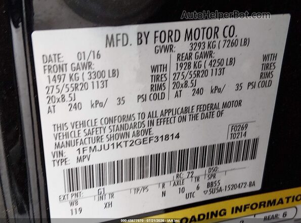 1FMJU1KT2GEF31814 2016 FORD EXPEDITION Черный Вид подкапотного пространства
