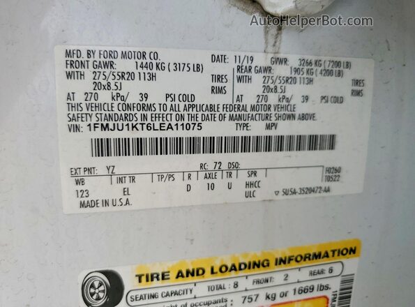 1FMJU1KT6LEA11075 2020 FORD EXPEDITION White VIN sticker view