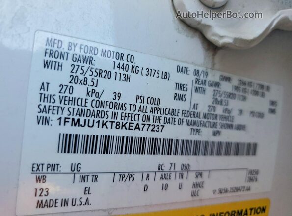 1FMJU1KT8KEA77237 2019 FORD EXPEDITION White Панорамний вид салону 360°