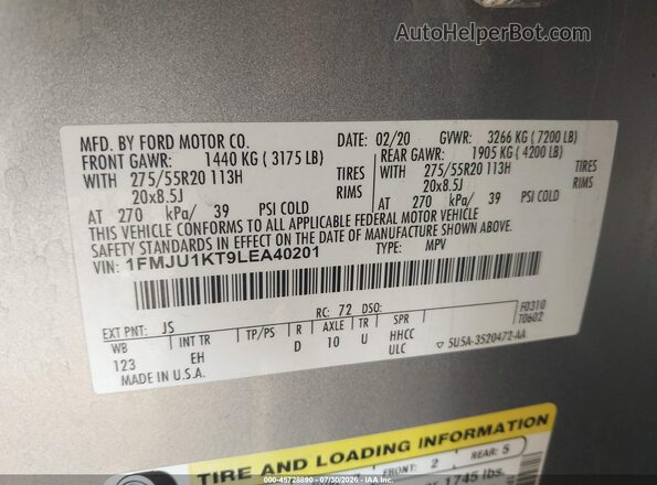 1FMJU1KT9LEA40201 2020 FORD EXPEDITION Silver Widok komory silnika