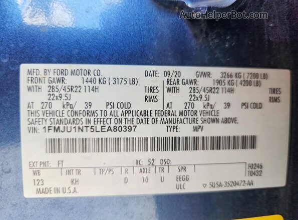 1FMJU1NT5LEA80397 2020 FORD EXPEDITION Синий Вид наклейки с VIN-кодом