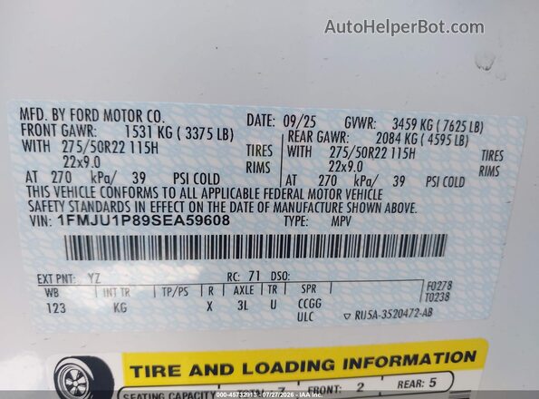 1FMJU1P89SEA59608 2025 FORD EXPEDITION White Vista del compartimento del motor