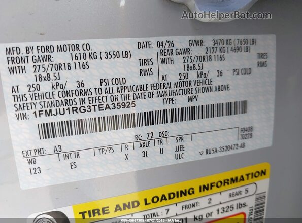 1FMJU1RG3TEA35925 2026 FORD EXPEDITION White Engine compartment view