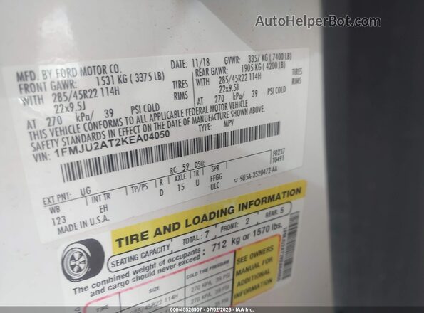 1FMJU2AT2KEA04050 2019 FORD EXPEDITION White Вид підкапотного простору