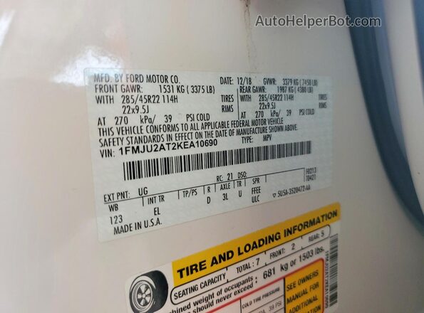 1FMJU2AT2KEA10690 2019 FORD EXPEDITION White Շարժիչի բաժամունքի տեսք
