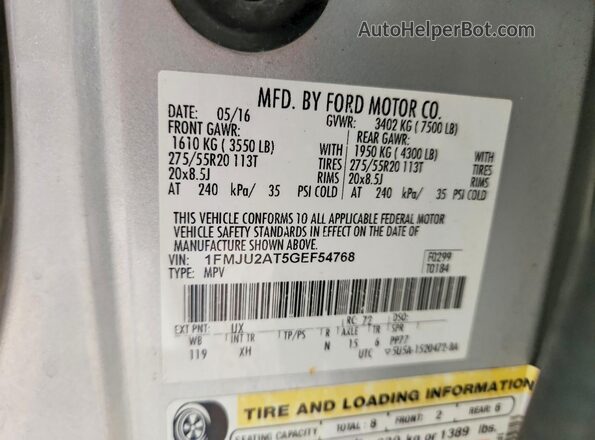 1FMJU2AT5GEF54768 2016 FORD EXPEDITION Silver VIN კოდის სტიკერის ხედი