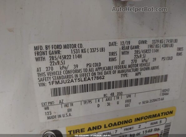 1FMJU2AT5LEA17862 2020 FORD EXPEDITION White Vista del compartimento del motor