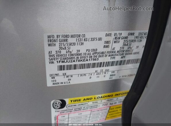 1FMJU2AT8KEA17563 2019 FORD EXPEDITION Silver Vista del compartimento del motor