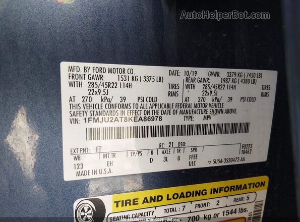 1FMJU2AT8KEA86978 2019 FORD EXPEDITION Blue Engine compartment view
