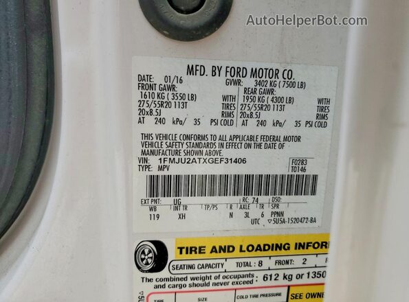 1FMJU2ATXGEF31406 2016 FORD EXPEDITION White 360 interior view