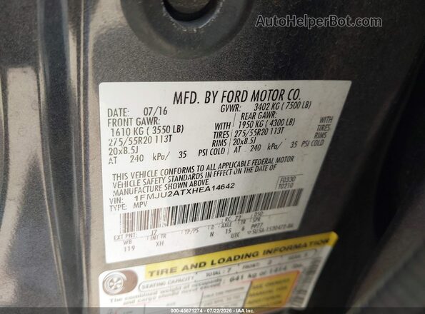 1FMJU2ATXHEA14642 2017 FORD EXPEDITION Gray ძრავის განყოფილების ხედი