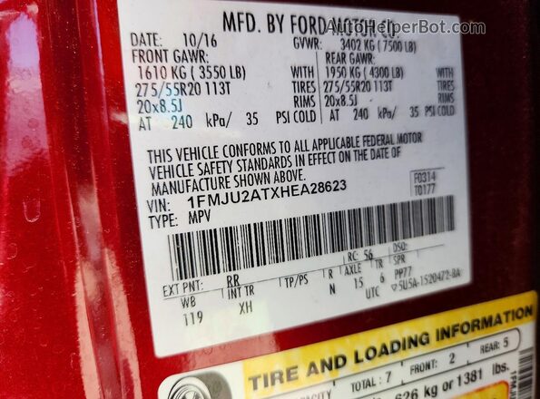 1FMJU2ATXHEA28623 2017 FORD EXPEDITION Red Widok naklejki z numerem VIN
