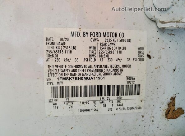 1FMSK7BH0MGA11961 2021 FORD EXPLORER White Вид підкапотного простору