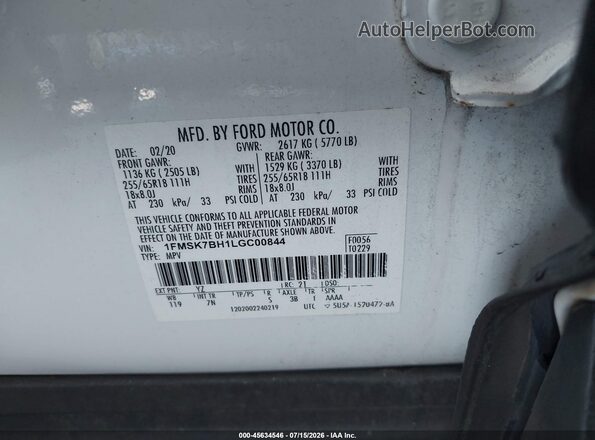 1FMSK7BH1LGC00844 2020 FORD EXPLORER White Vista del compartimento del motor