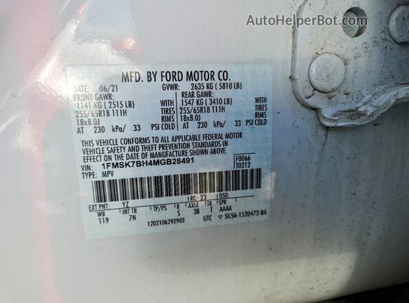 1FMSK7BH4MGB28491 2021 FORD EXPLORER White Widok naklejki z numerem VIN
