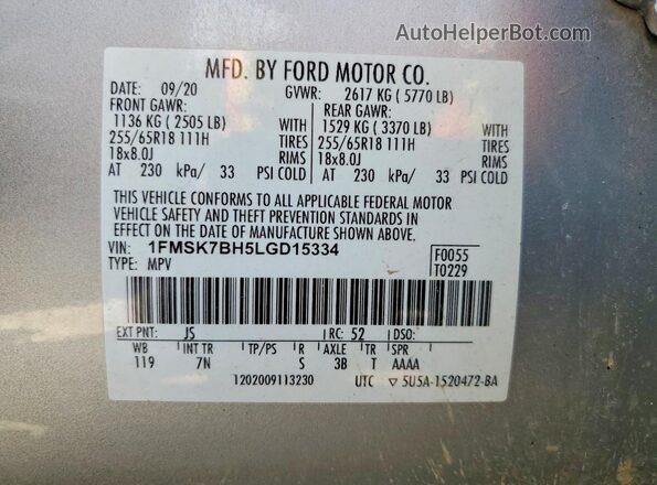 1FMSK7BH5LGD15334 2020 FORD EXPLORER Silver Вид наклейки з VIN-кодом