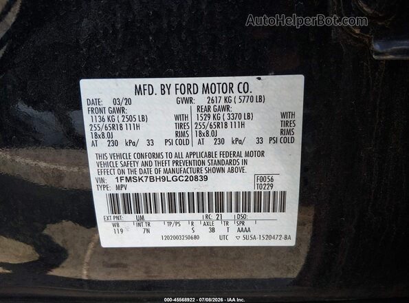 1FMSK7BH9LGC20839 2020 FORD EXPLORER Black Vista del compartimento del motor