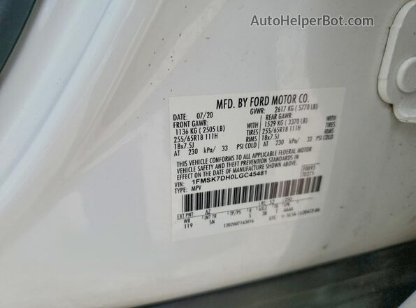 1FMSK7DH0LGC45481 2020 FORD EXPLORER White Widok wnętrza 360 stopni
