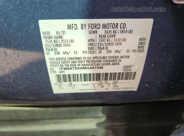 1FMSK7DH0MGA61546 2021 FORD EXPLORER Blue Vista del compartimento del motor