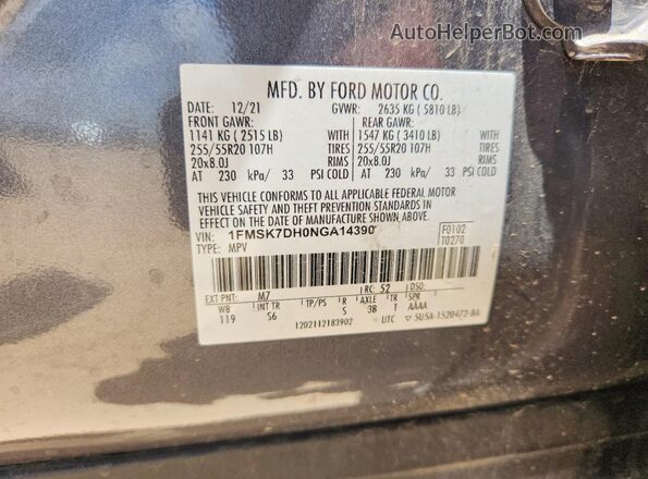 1FMSK7DH0NGA14390 2022 FORD EXPLORER Gray Widok wnętrza 360 stopni