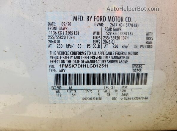 1FMSK7DH1LGD12511 2020 FORD EXPLORER Silver VIN sticker view