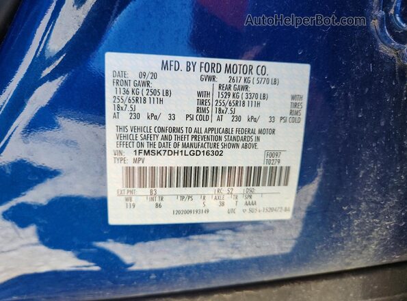 1FMSK7DH1LGD16302 2020 FORD EXPLORER Blue VIN կոդի պիտակի տեսք