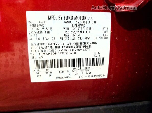 1FMSK7DH1PGB05798 2023 FORD EXPLORER Red Вид наклейки з VIN-кодом