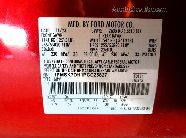1FMSK7DH1PGC25827 2023 FORD EXPLORER Red VIN կոդի պիտակի տեսք