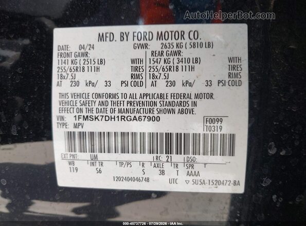 1FMSK7DH1RGA67900 2024 FORD EXPLORER Black Engine compartment view