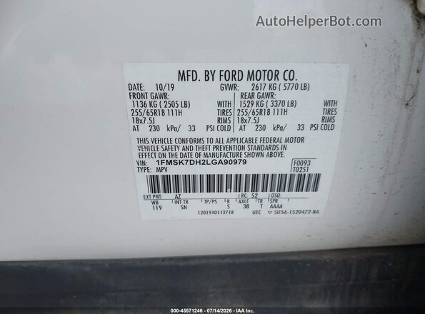 1FMSK7DH2LGA90979 2020 FORD EXPLORER White Շարժիչի բաժամունքի տեսք