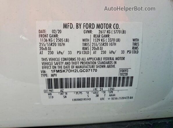 1FMSK7DH2LGC07170 2020 FORD EXPLORER White Vista interior de 360 grados