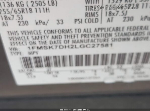 1FMSK7DH2LGC27581 2020 FORD EXPLORER Gray Շարժիչի բաժամունքի տեսք