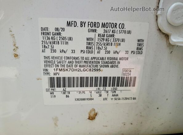 1FMSK7DH2LGC82595 2020 FORD EXPLORER White VIN sticker view
