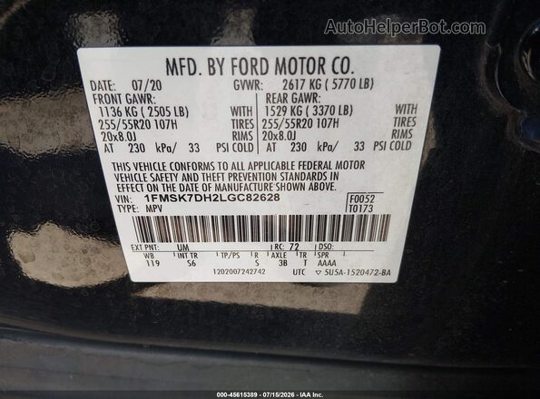 1FMSK7DH2LGC82628 2020 FORD EXPLORER Black ძრავის განყოფილების ხედი