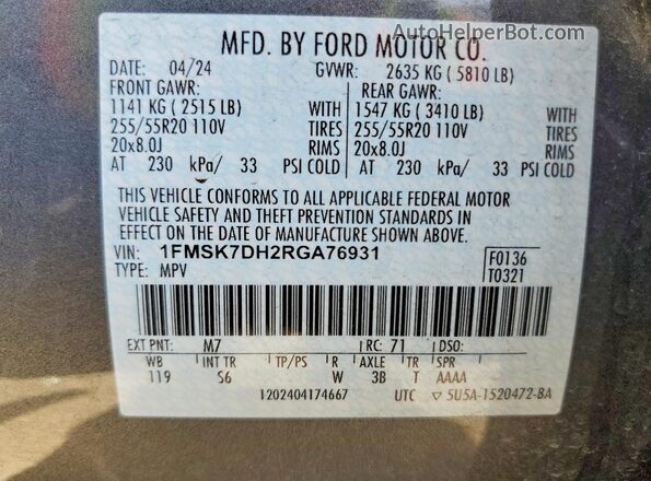 1FMSK7DH2RGA76931 2024 FORD EXPLORER Gray Widok wnętrza 360 stopni