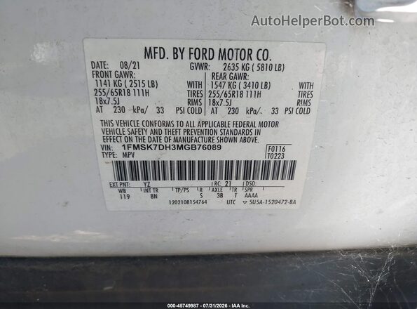 1FMSK7DH3MGB76089 2021 FORD EXPLORER White Widok komory silnika
