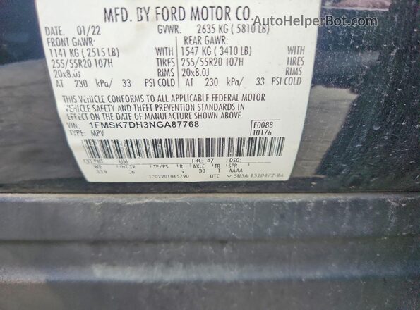 1FMSK7DH3NGA87768 2022 FORD EXPLORER Black Вид наклейки з VIN-кодом