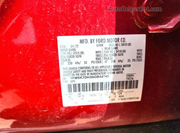 1FMSK7DH3NGB44745 2022 FORD EXPLORER Red Սալոնի 360 աստիճան տեսք