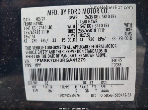 1FMSK7DH3RGA41279 2024 FORD EXPLORER Dark Blue ძრავის განყოფილების ხედი