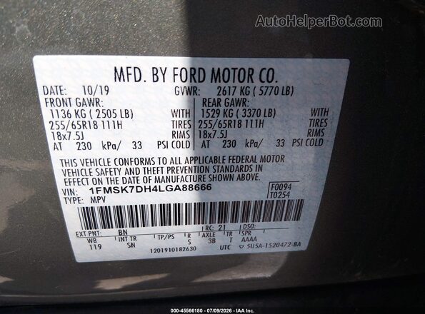 1FMSK7DH4LGA88666 2020 FORD EXPLORER Silver Engine compartment view