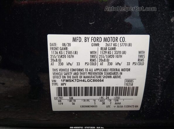 1FMSK7DH4LGC86664 2020 FORD EXPLORER Black Շարժիչի բաժամունքի տեսք